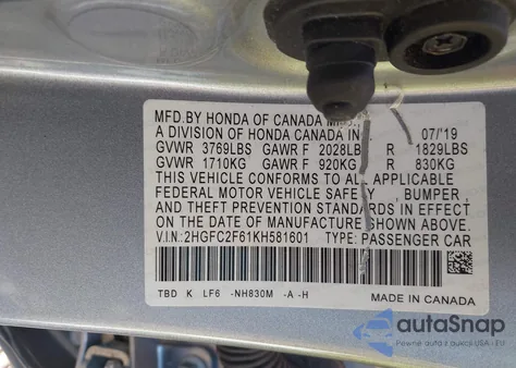 2019 Honda Civic Lx from USA, damaged, VIN 2HGFC2F61KH581601